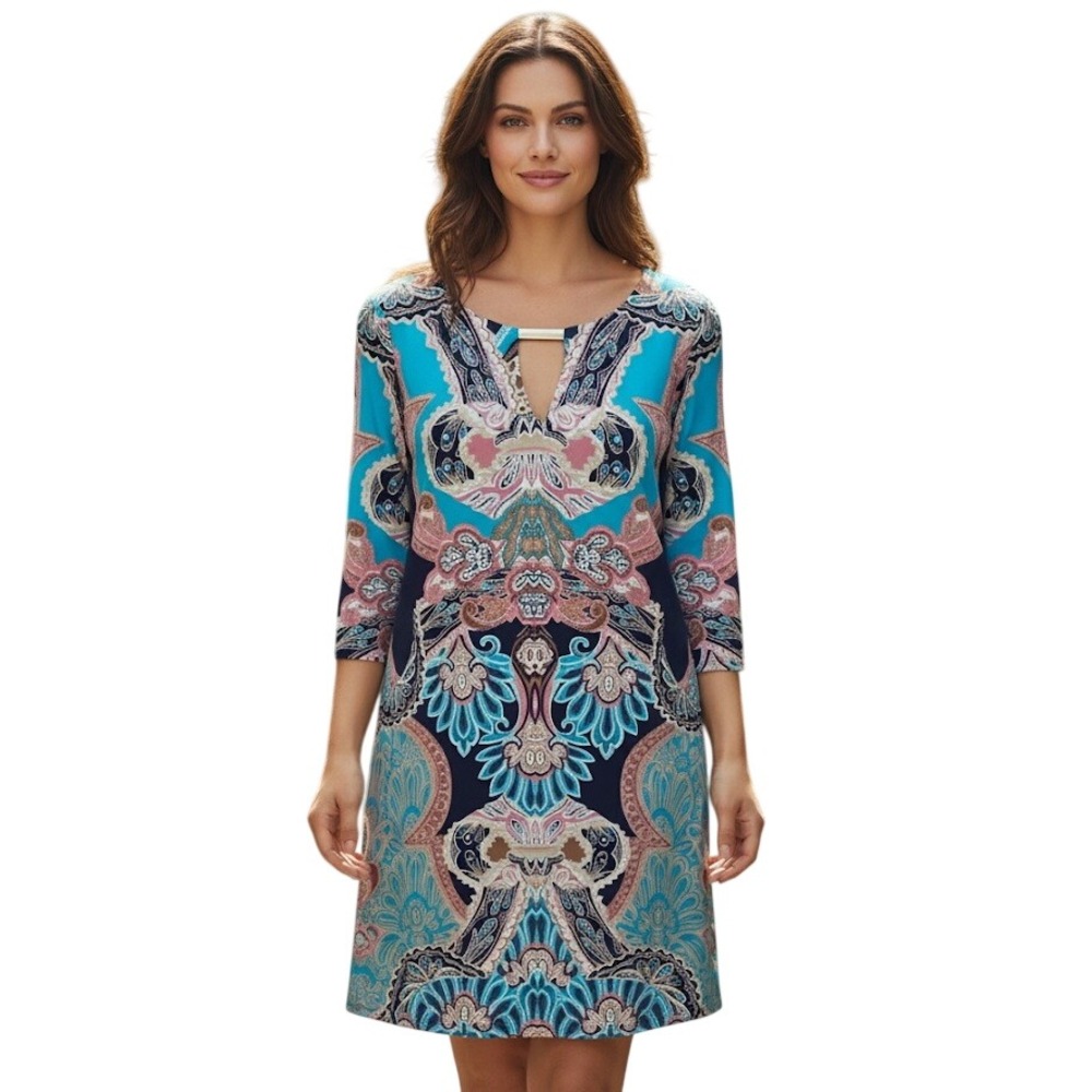 Beauport Sheath Dress Women 8 Blue Paisley Keyhole 3/4 Sleeve Office Boho